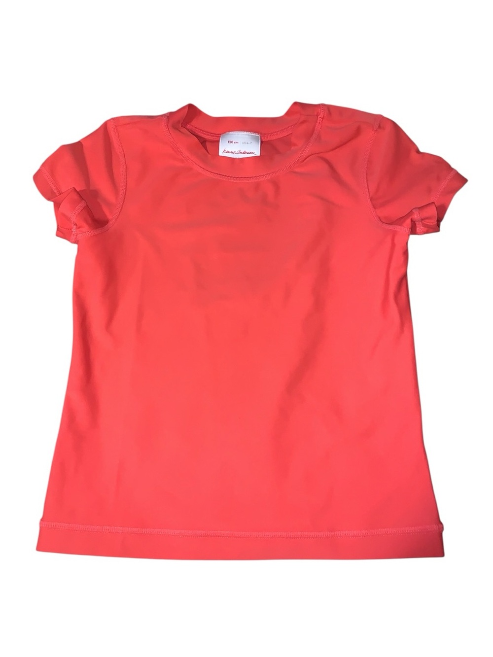 Hanna Andersson Girls 6-7 Coral-Red Short Sleeve Swim Tee Rash Guard